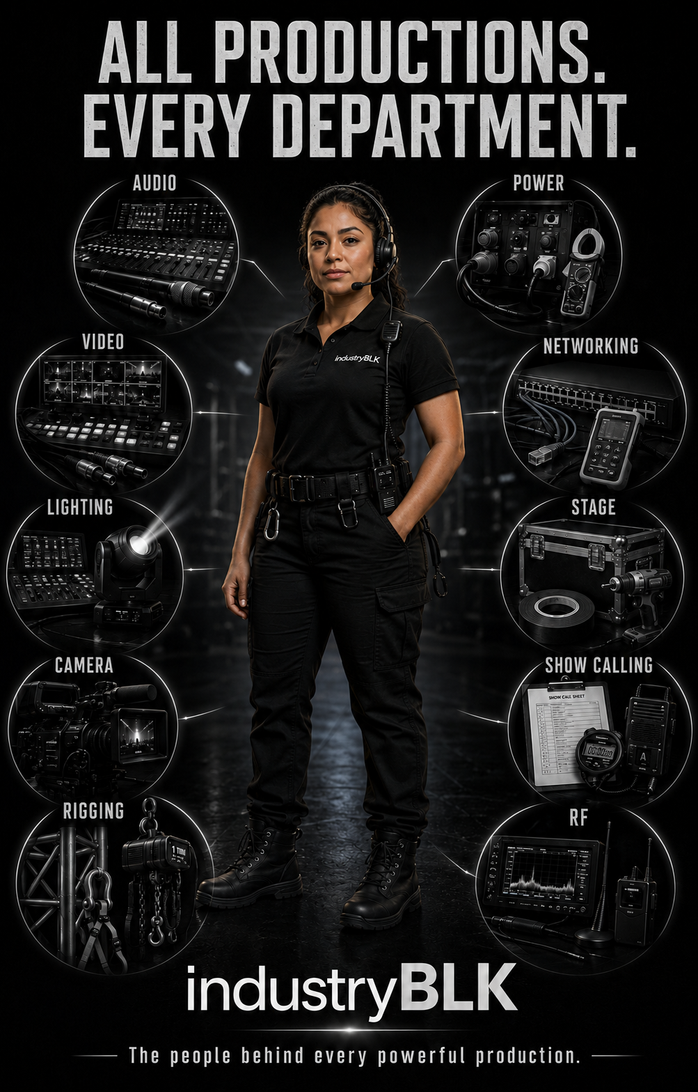 IndustryBLK All Productions. Every Department. artwork featuring production departments including audio, video, lighting, camera, rigging, power, networking, stage, show calling, and RF.