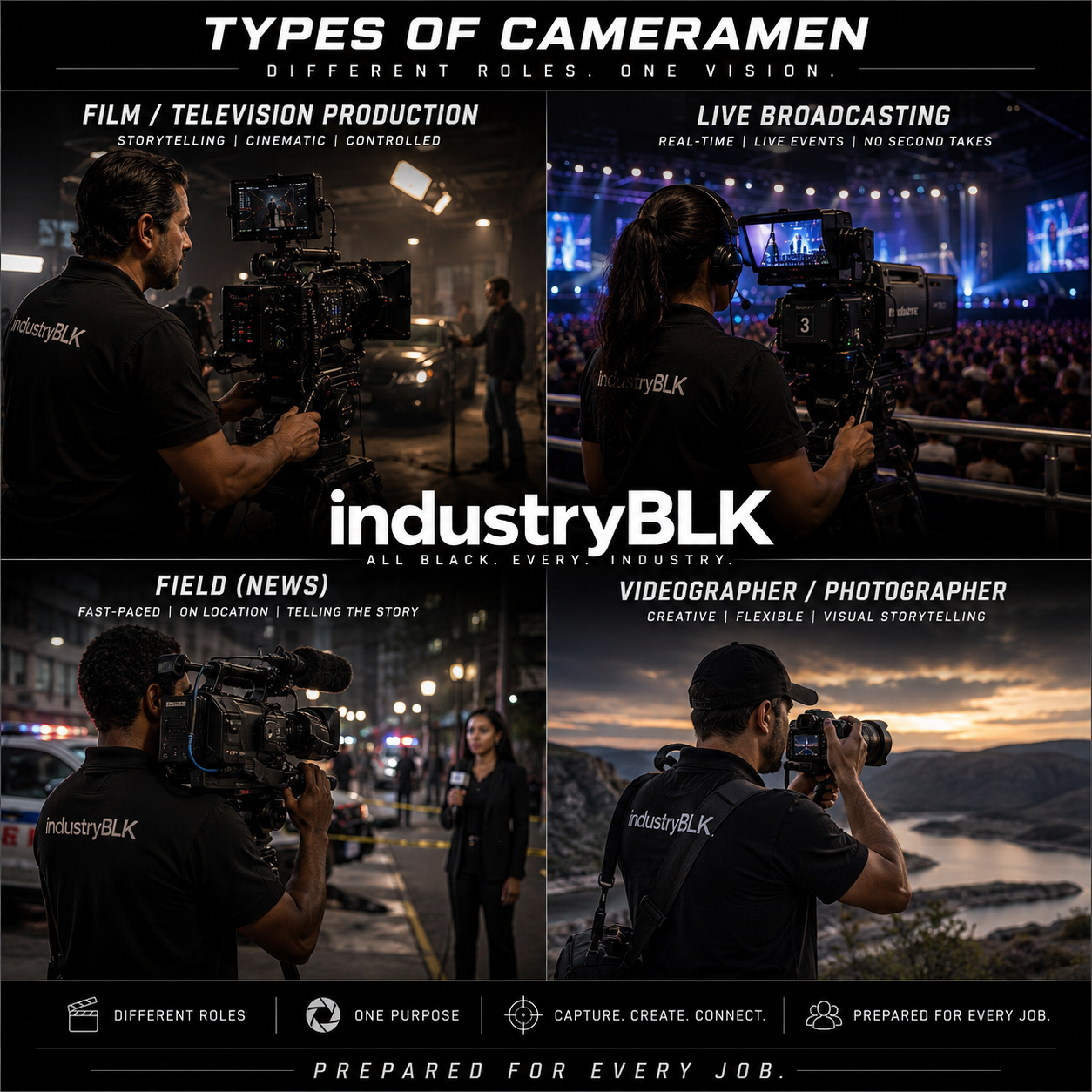 IndustryBLK camera professionals working in film, television, live broadcasting, field news, videography, and photography.