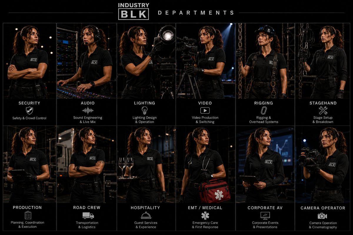 IndustryBLK departments reference showing security, audio, lighting, video, rigging, stagehand, production, road crew, hospitality, EMT and medical, corporate AV, and camera operator roles.