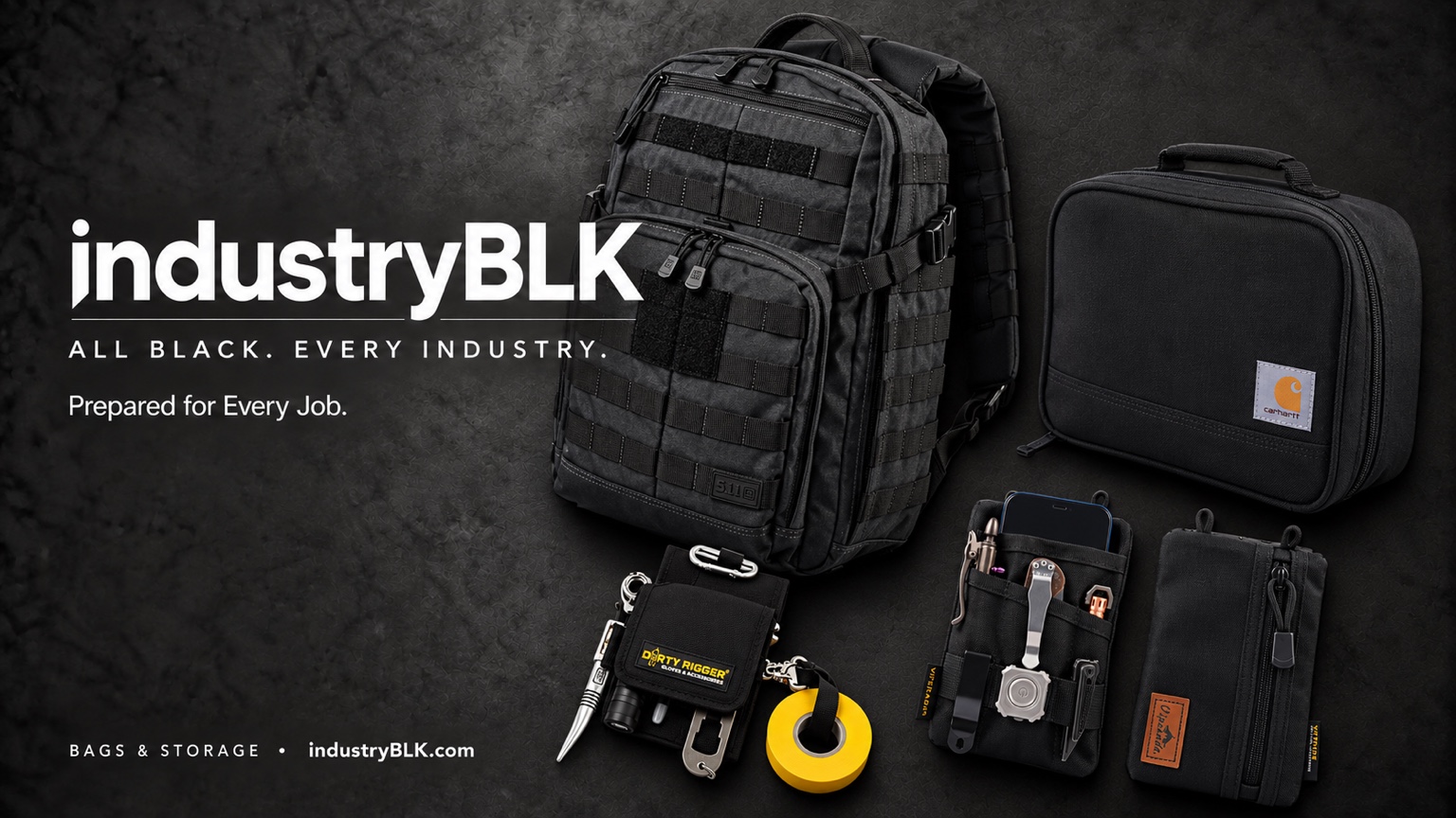 IndustryBLK Bags & Storage showcase with black backpack, lunch bag and utility pouches
