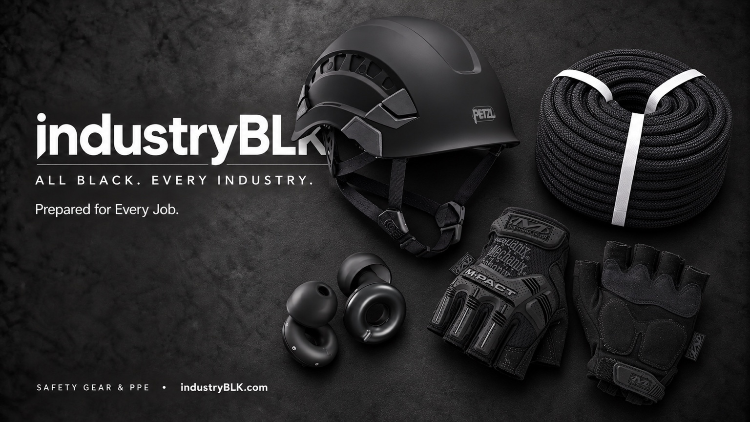 IndustryBLK Safety Gear & PPE showcase with black helmet, rope, hearing protection and work gloves