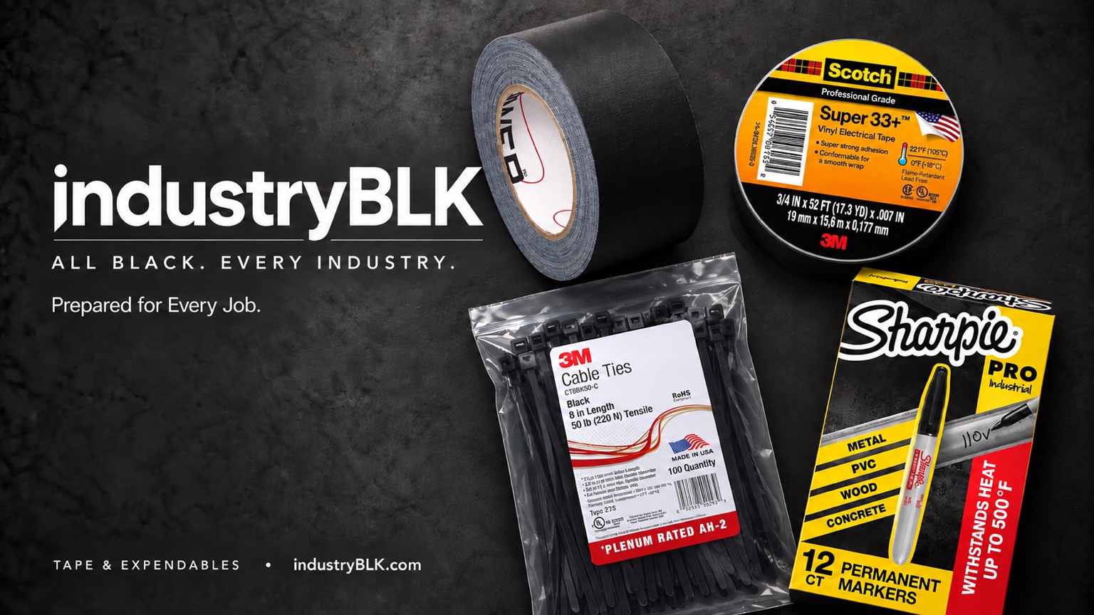 IndustryBLK Tape & Expendables showcase with gaff tape, electrical tape, cable ties and permanent markers