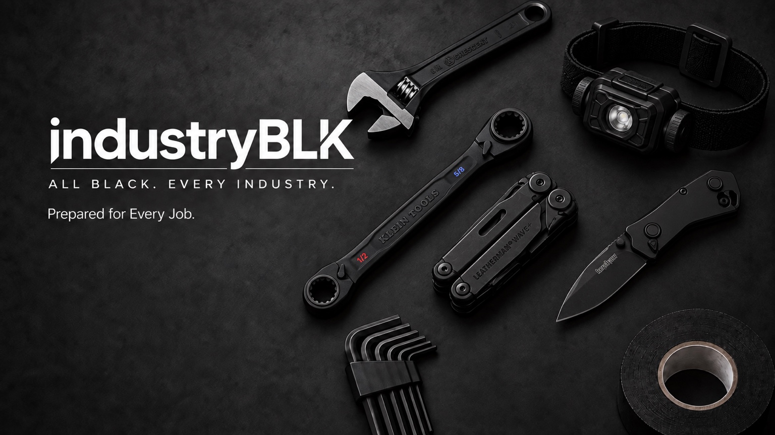 IndustryBLK Tools & Hardware showcase with black hand tools, multi-tool, headlamp, hex keys and tape