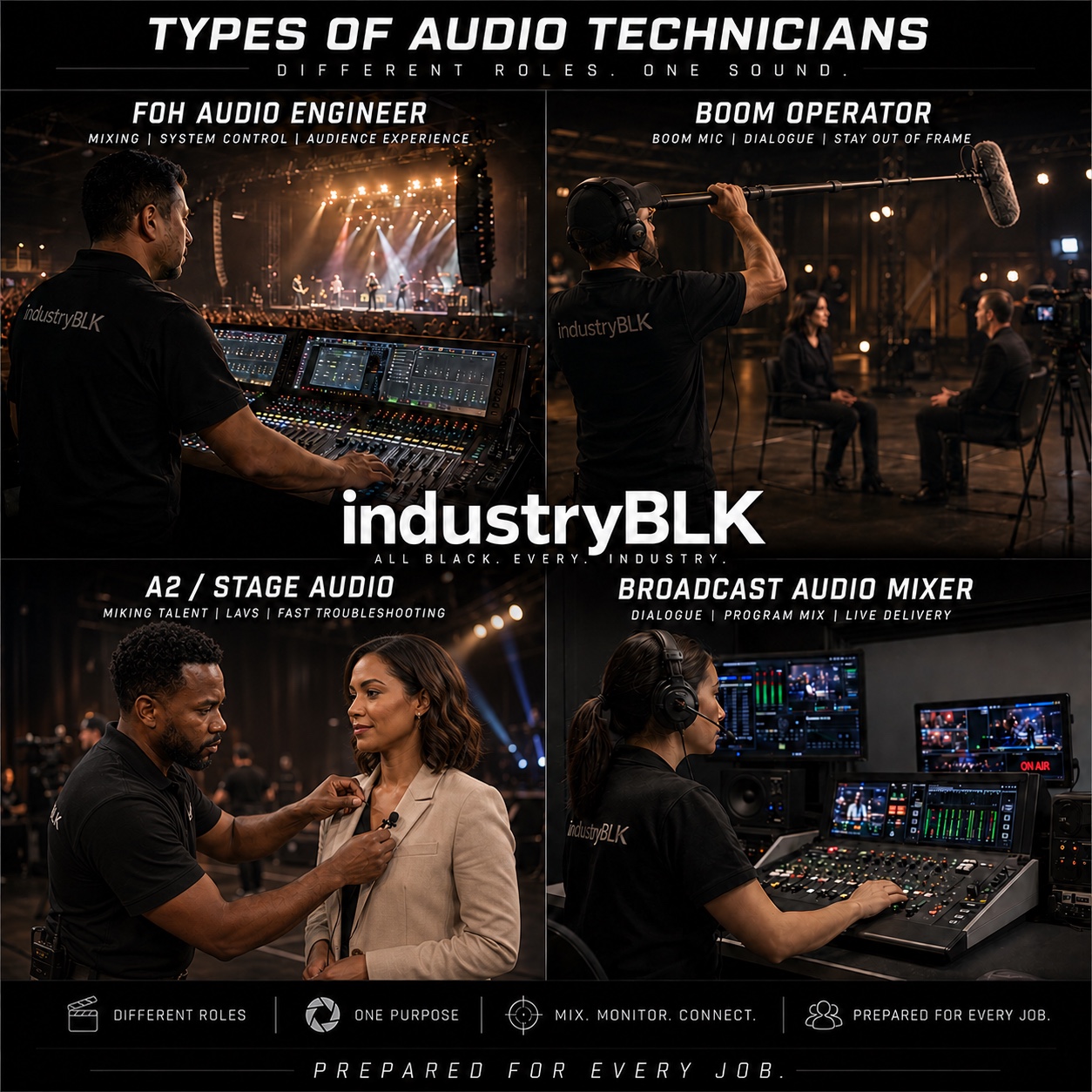 IndustryBLK role guide showing front of house audio engineer, boom operator, A2 stage audio, and broadcast audio mixer roles.
