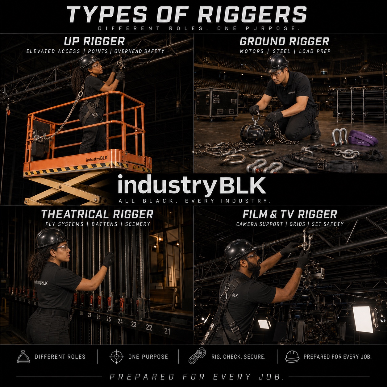 IndustryBLK role guide showing up rigger, ground rigger, theatrical rigger, and film and TV rigger roles.