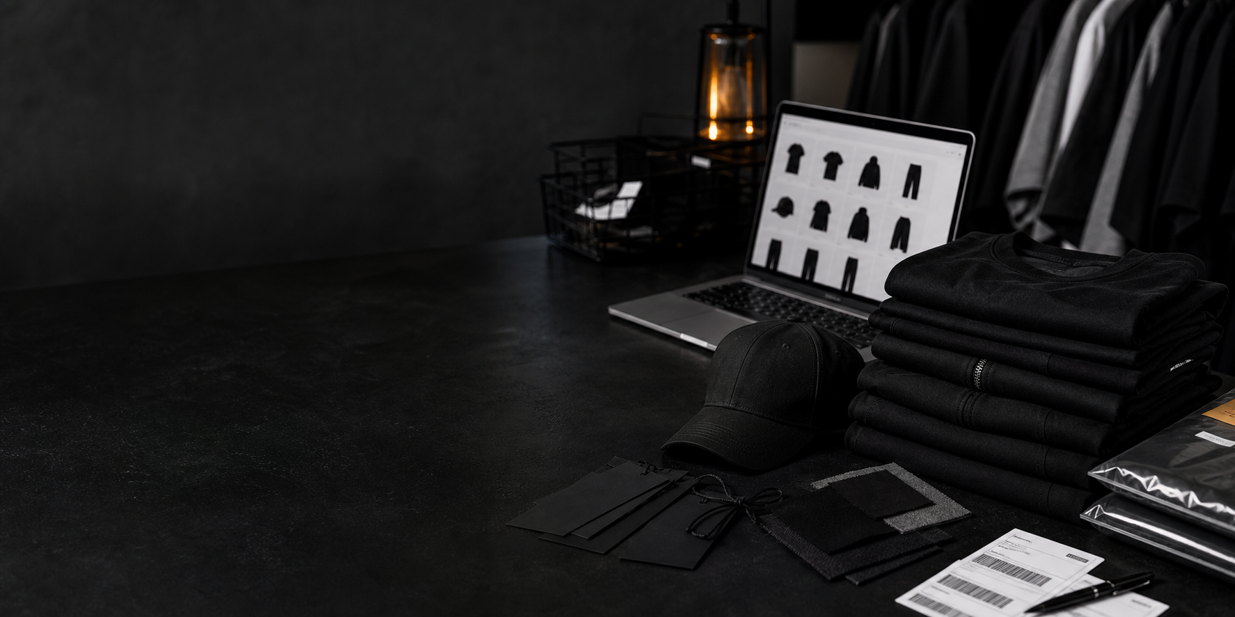 A black streetwear studio worktable with apparel blanks, fabric swatches, and product planning gear.